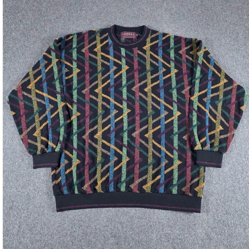 RARE VTG Tundra Canada 3D Knit Sweater Mens XL Geometric Abstract Cosby Colorful